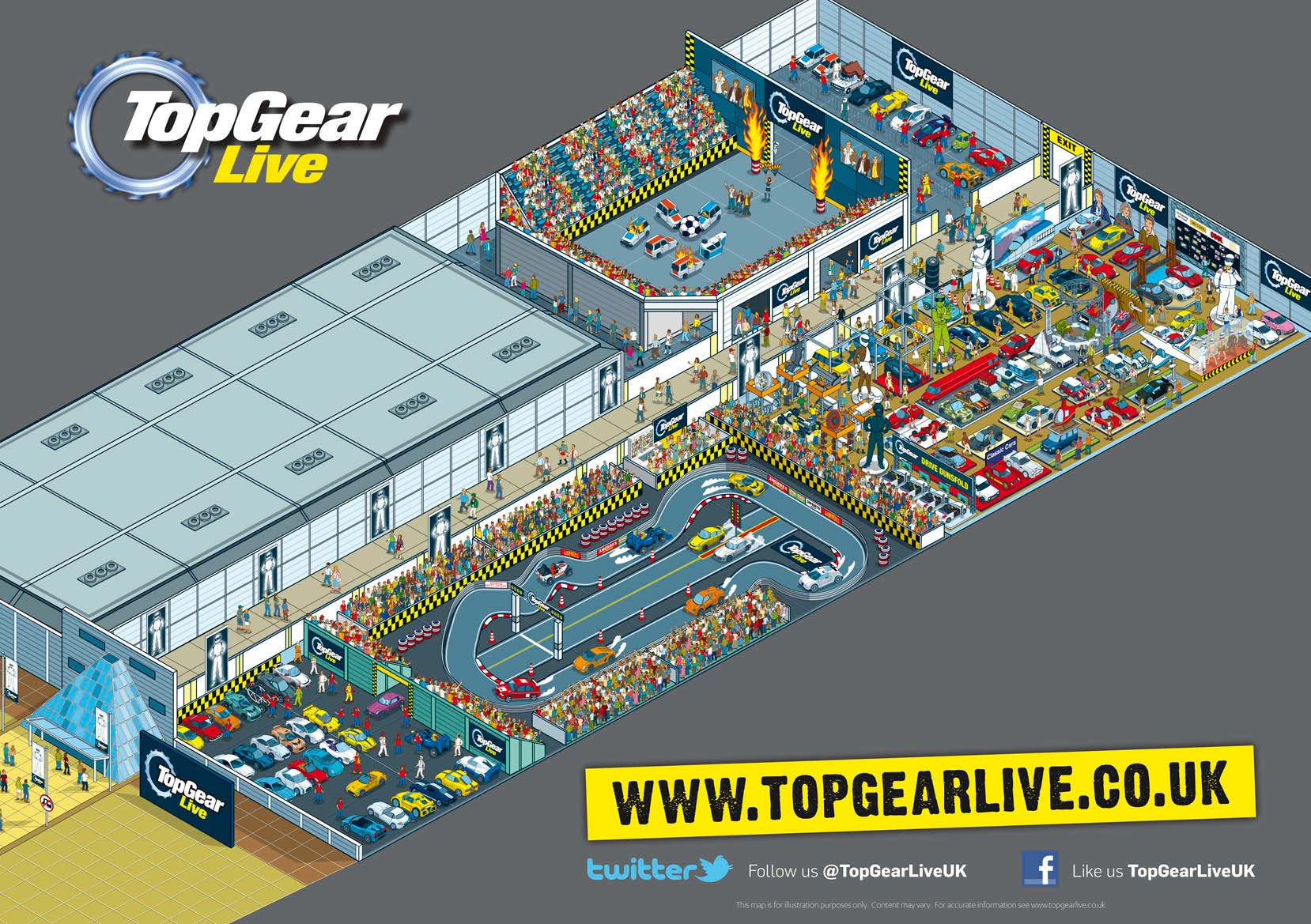 Illustrated Event Maps for Trade Shows and Exhibitions -Exhibition and event map illustration for the Top Gear Live show at Excel London by Map Artist Rod Hunt