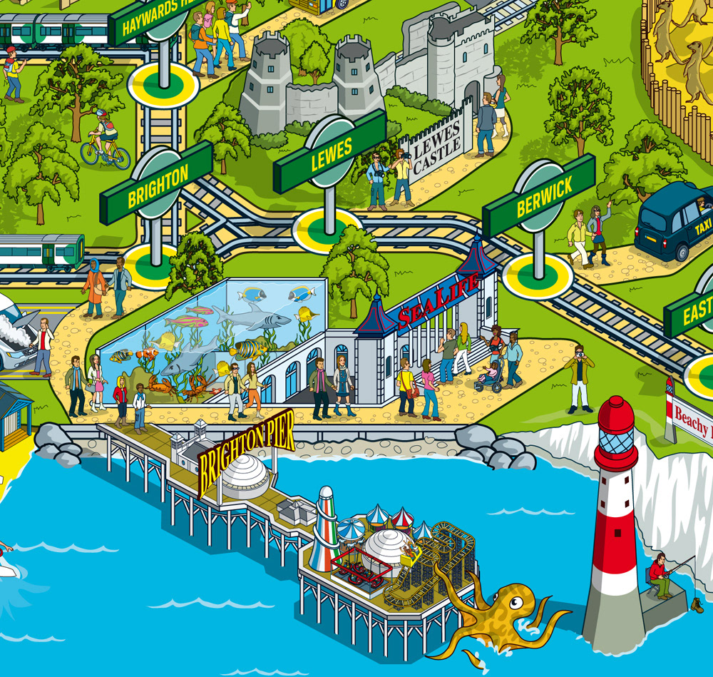 UK map illustrators, tourist attractions theme park map