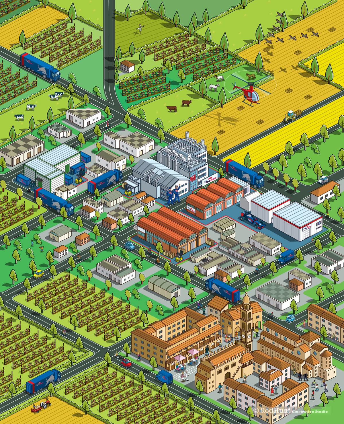 Formula 1 Car Factory Map Illustration using 3d isometric perspective for Toro Rosso (now Racing Bulls) F1 team factory using in The Red Bull Racing Guide