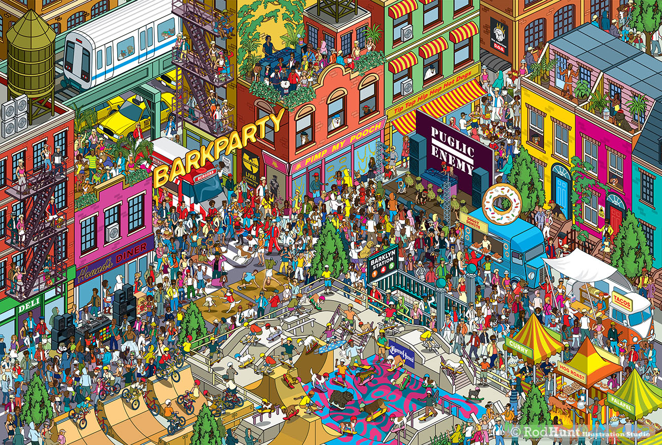 Yappy.com Where's Your Dog? Personalised search and find book - Hip Hop Block Party Illustration