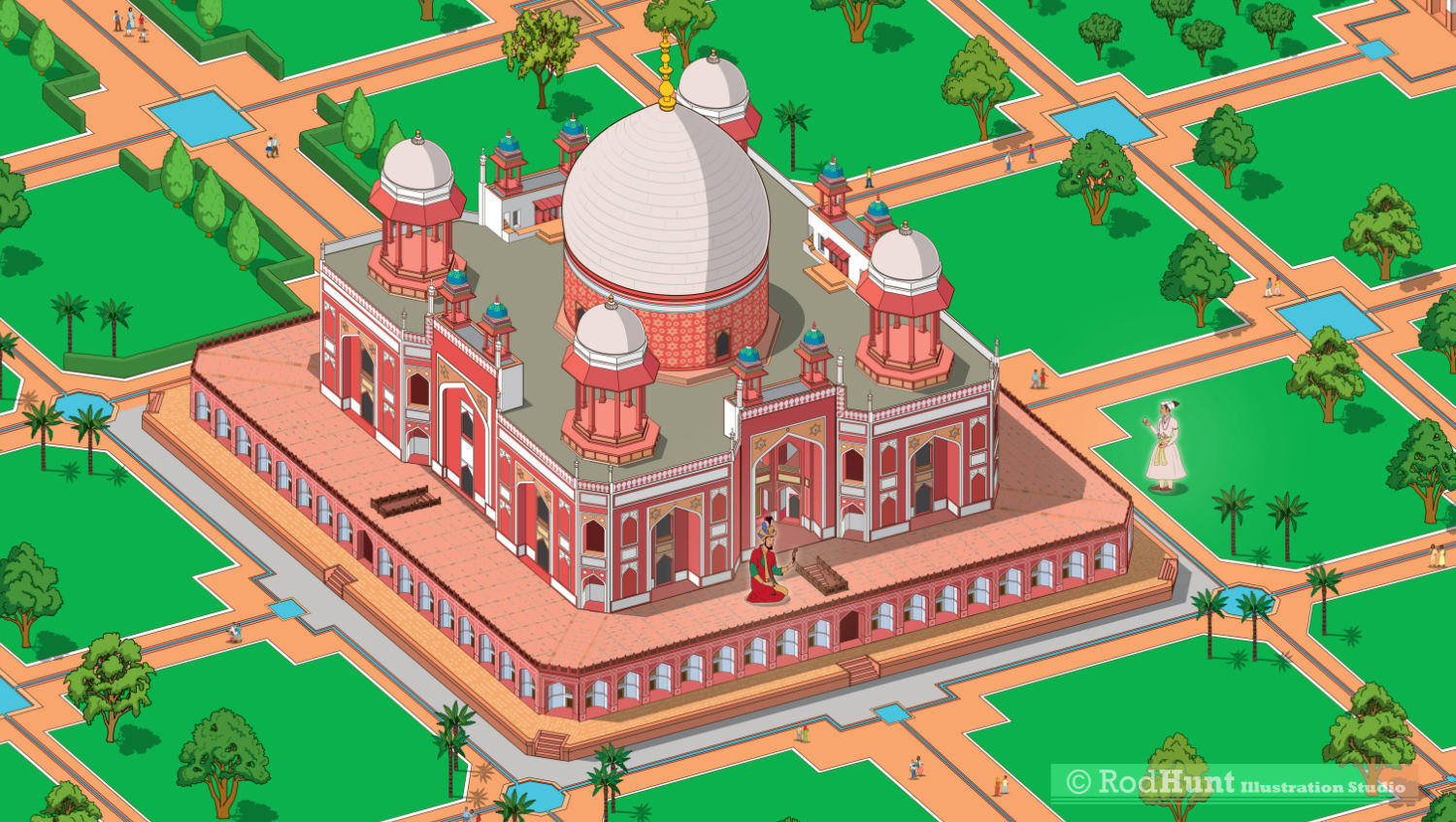 Exhibition design, Humayun's Tomb illustration museum graphic exhibit showing the architecture in of the historic heritage site in isometric perspective