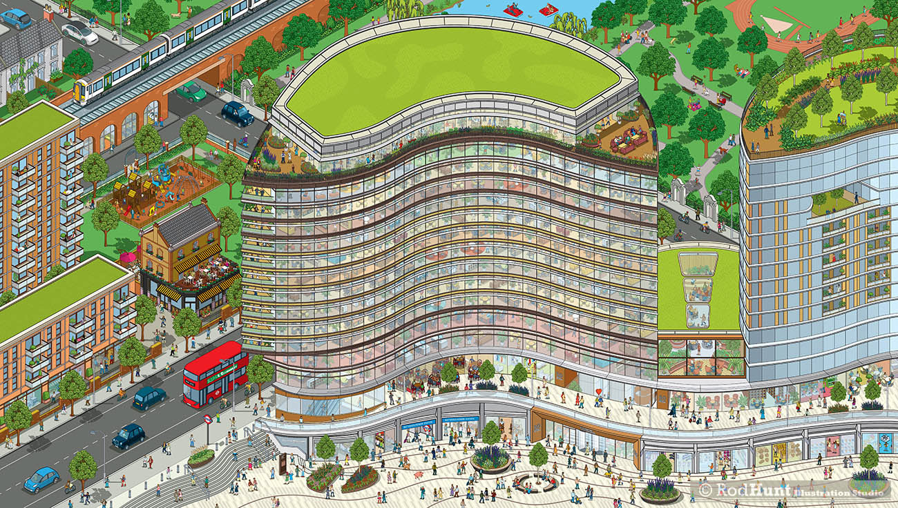 50 Electric Boulevard Battersea Isometric architecture Cutaway Cross section office Building Illustration by Rod Hunt