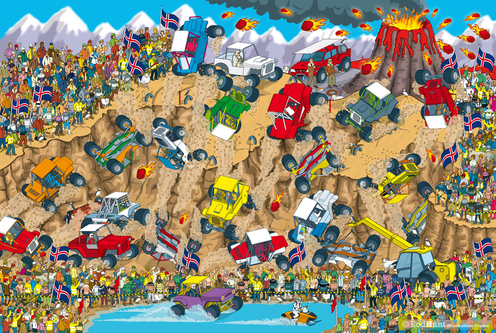 Iceland Buggy Racing Illustration - seek and find puzzle picture book illustrations