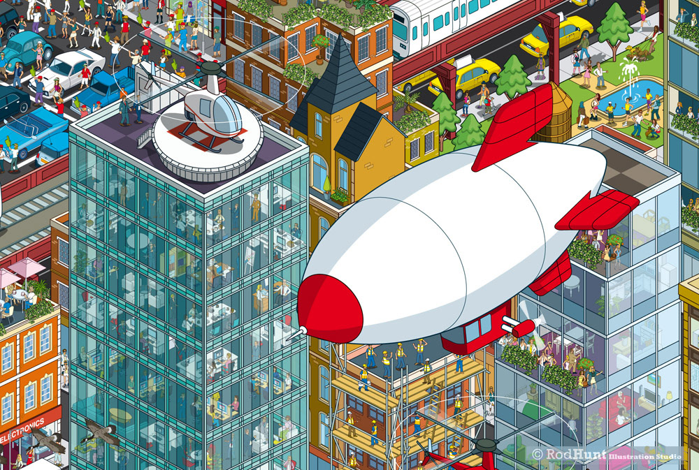 City illustrator - Rod Hunt illustrated this detailed isometric Pixel Art City for digital advertising agency R/GA 