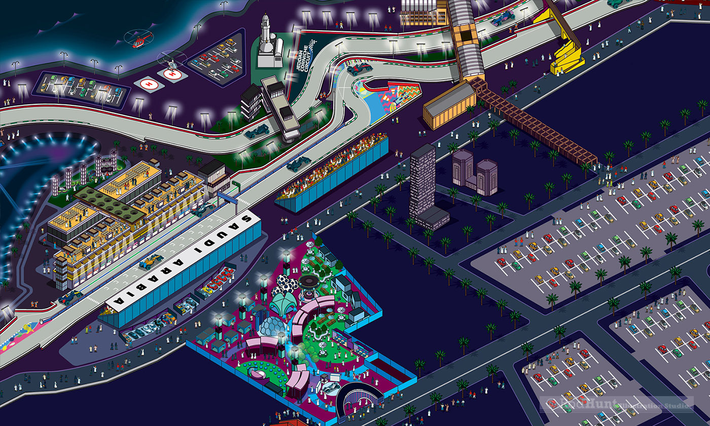 F1 Saudi Arabian Grand Prix 2023 Circuit Guide Map Illustration - Main Fan Village, Paddock Club and Premium Hospitality -