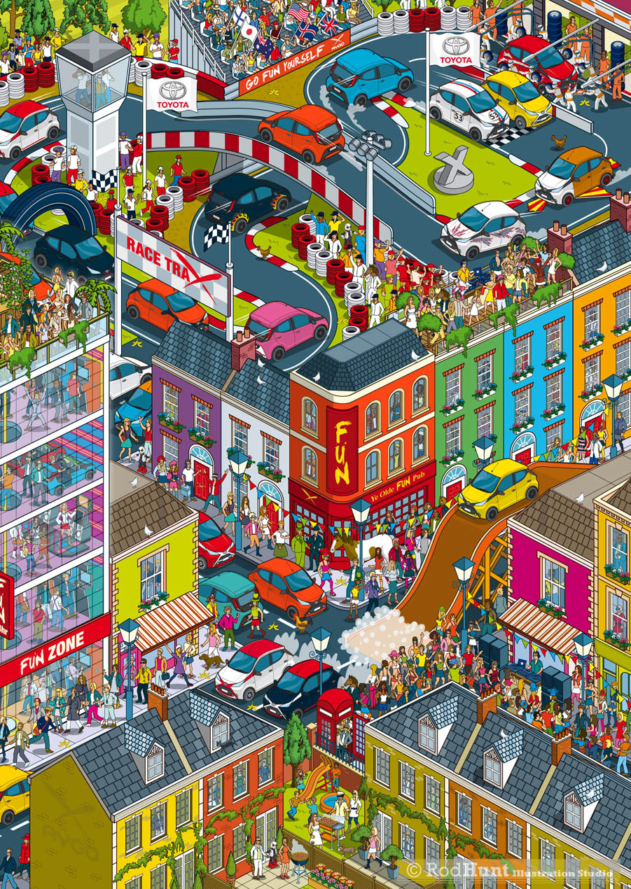 Where's Waldo / Wally style search and find Automotive Car Brand Illustration Pixel Art Cityscape for Car Advertising Campaign