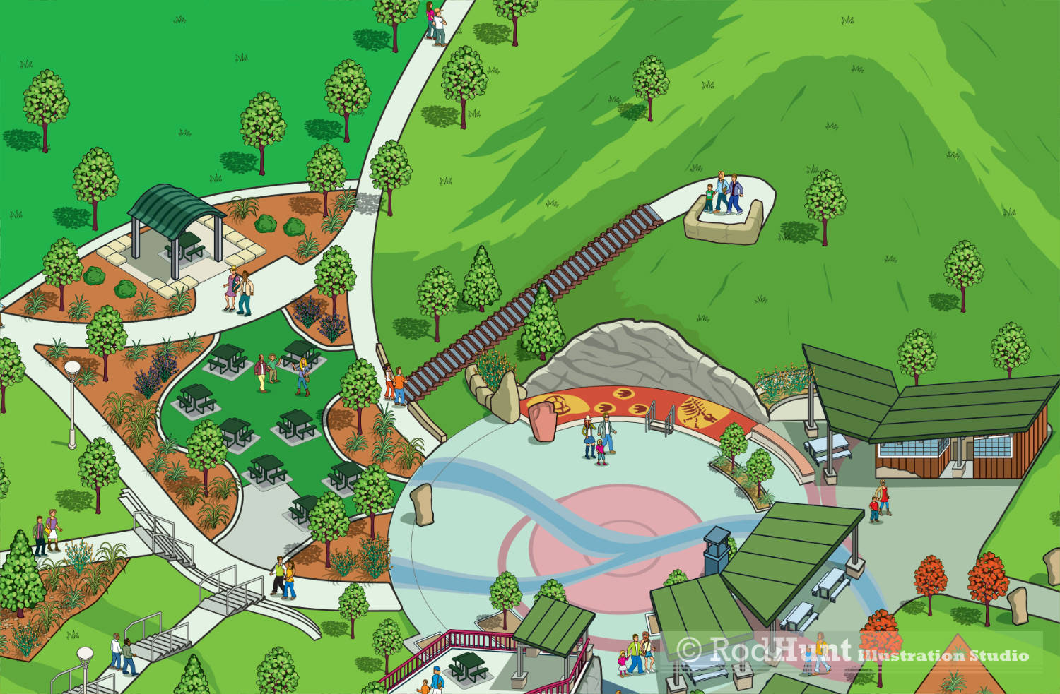 An illustrated visitors guide map for Centennial Center Park, it's gardens, playgrounds and facilities using a simple and clear design