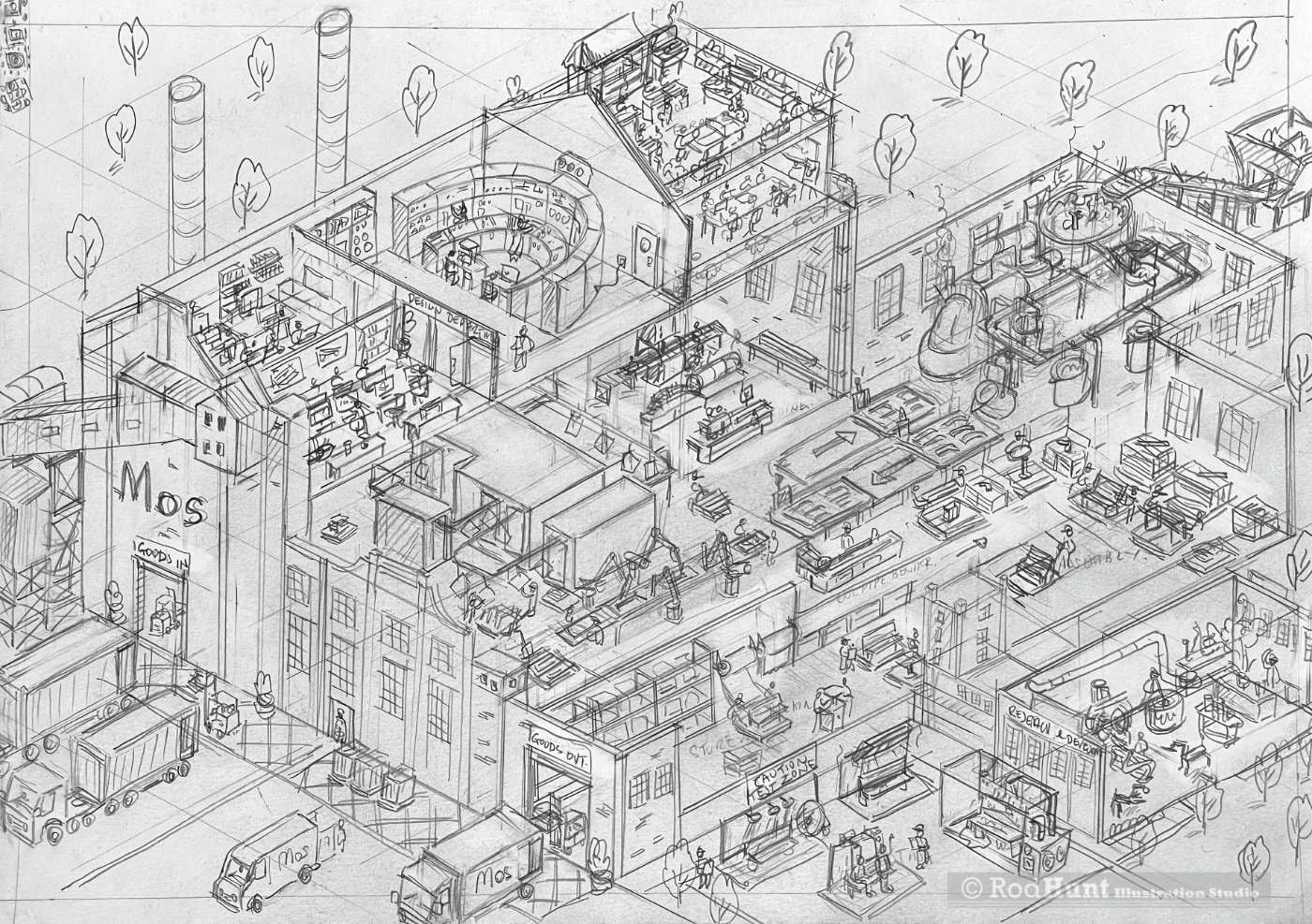 Hand Drawn cutaway building in a Where's Waldo / Wally type illustration