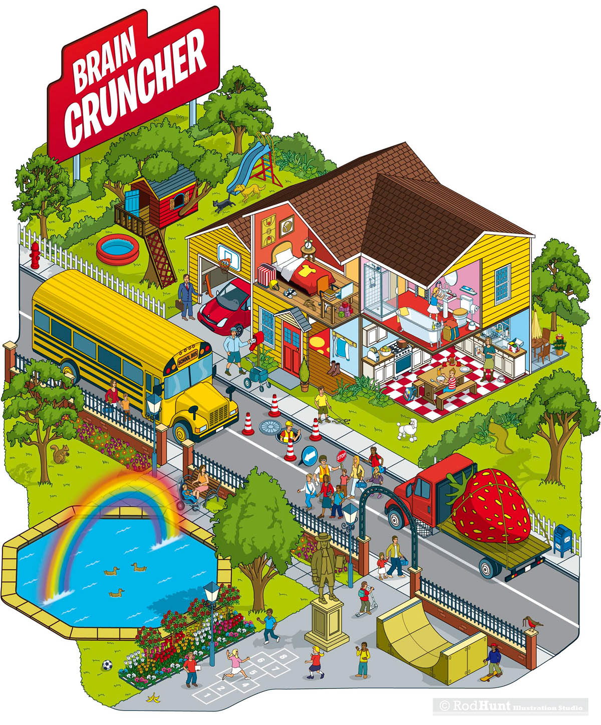 Where's Waldo / Wally style Life Cereal Box Illustration - Search and Find puzzle game illustrations Brain Cruncher for Quaker Life & Cruchtime Cereal packaging