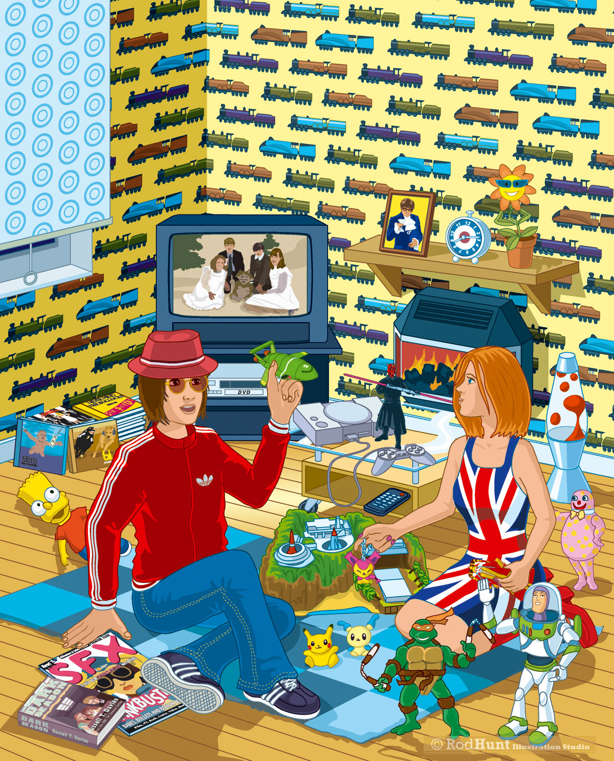 1990's Nostalgic Children's TV, Film, Pop Culture Illustration - Bart Simpson, The Simpson's, Tracy Island, Manchester, Madchester, Spice Girls, Toy Story, Buzz Lightyear, Mr Blobby, Nirvana, Blur, Austin Powers, PS1, Play Station, Pokemon, Teenage Mutant Ninja Turtles, Star War, Darth Maul, The Phantom Menace, 