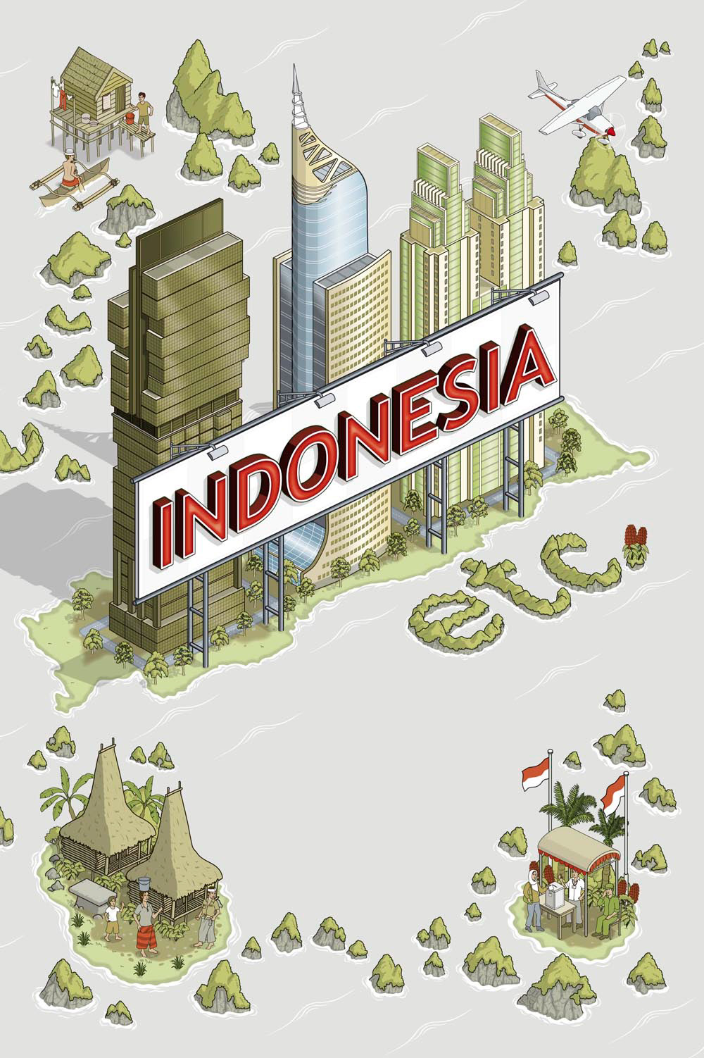 Illustrated book covers with lettering and typography in isometric perspective