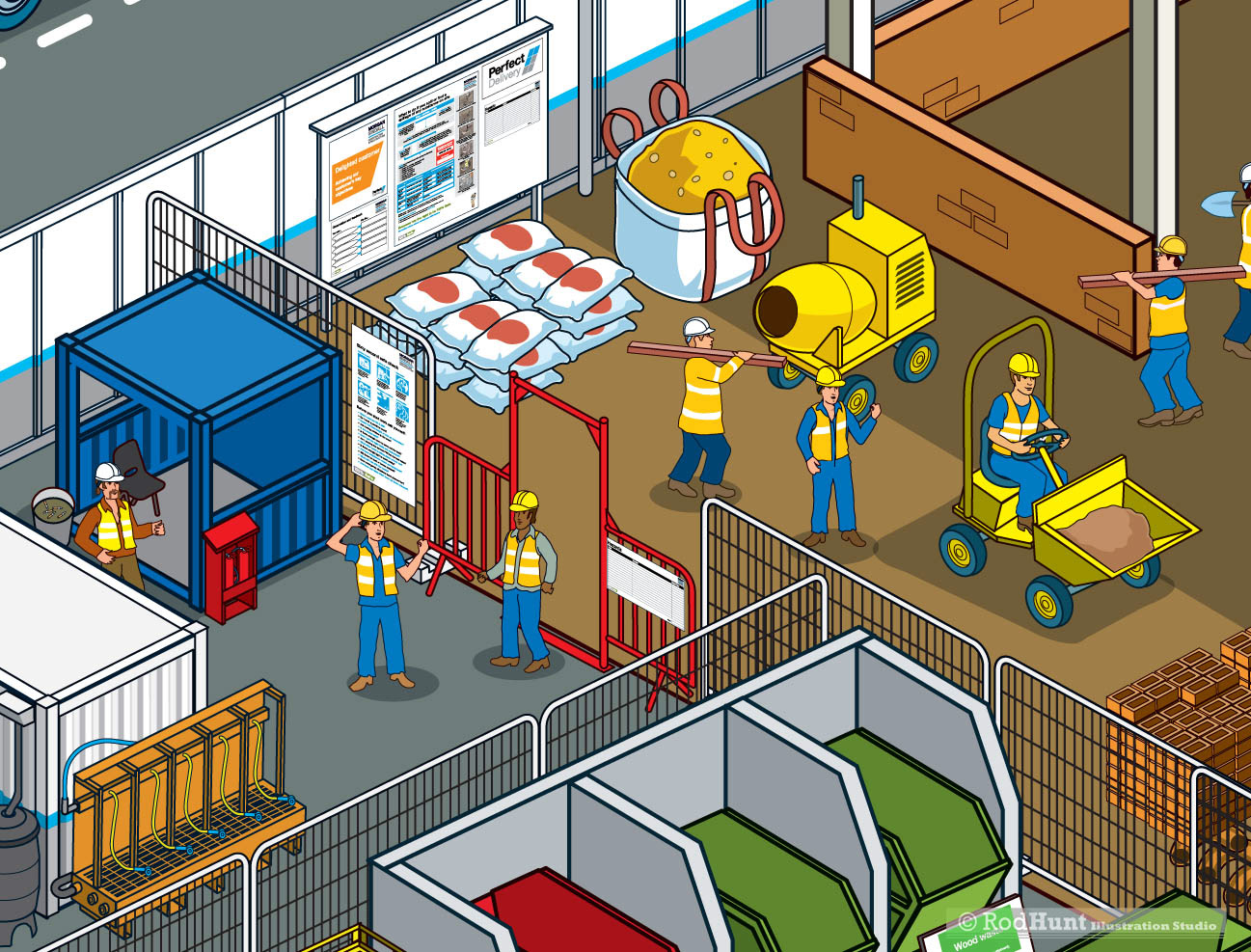 3D isometric perspective diagrams illustrating how to set up a Construction Site Visualisation
