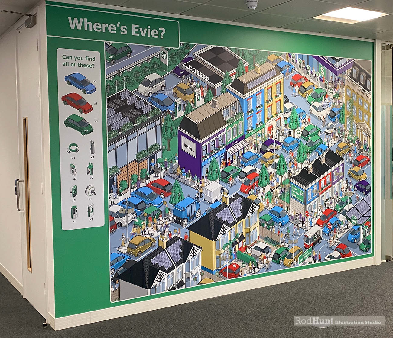 Site Specific Illustrated Printed Isometric Mural installation at Tusker's Offices - Search and find illustration by Rod Hunt