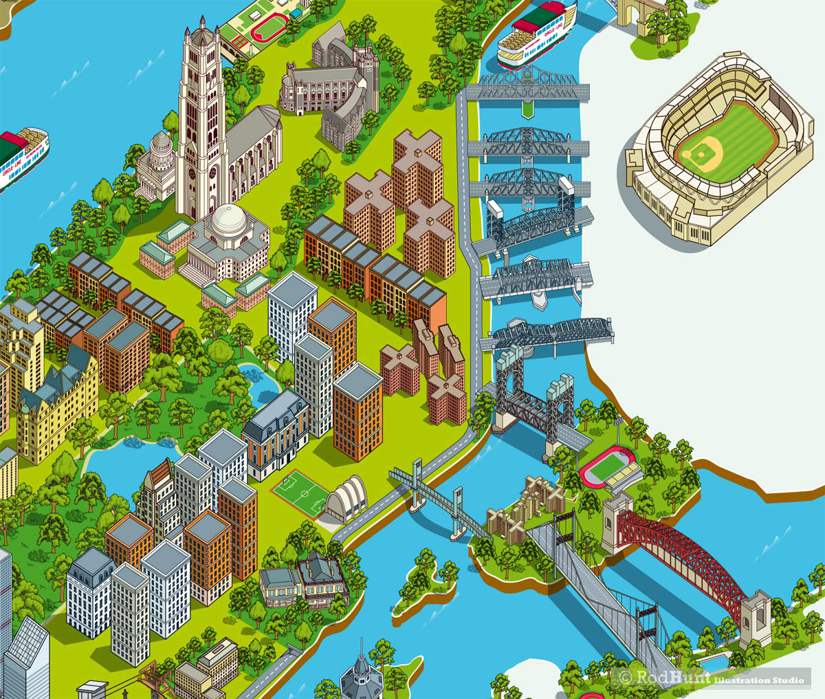 Illustrated New York City Map of sights and architecture in isometric perspective designed by Rod Hunt