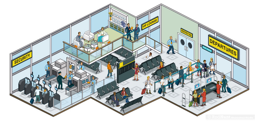 Detailed cutaway Illustration - airport departure lounge isometric perspective