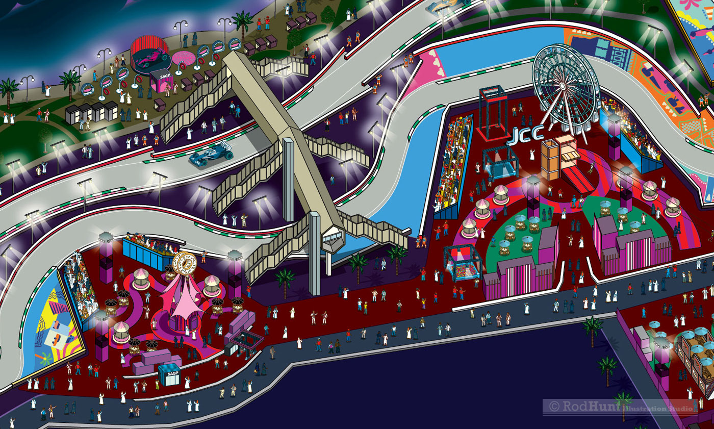 Formula One Saudi Arabian Grand Prix 2023 Map Illustration - fan villages, entertainment and fairground rides