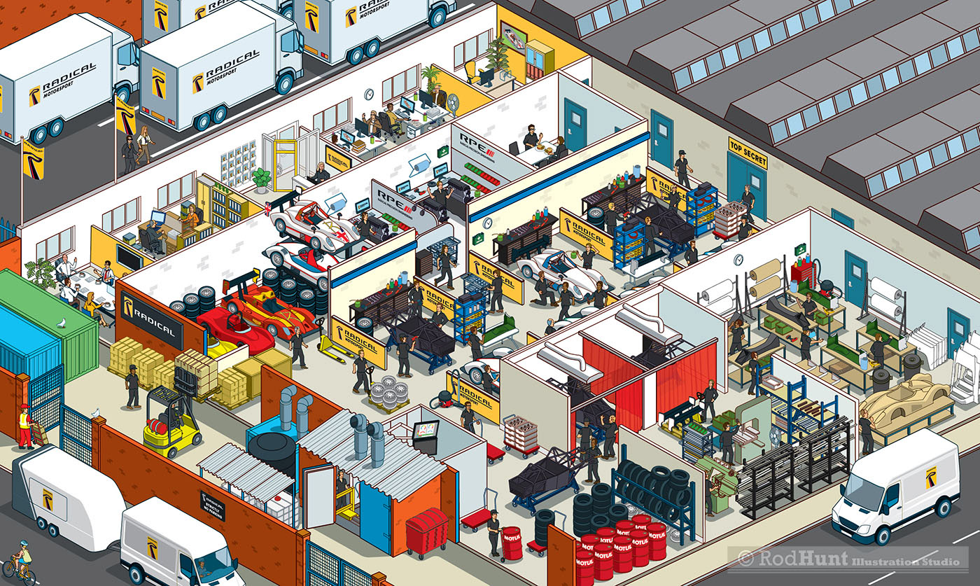 Radical Motorsports cutaway Factory Illustration by Rod Hunt - Isometric Racing Car manufacture  and production for motorsport and Formula One
