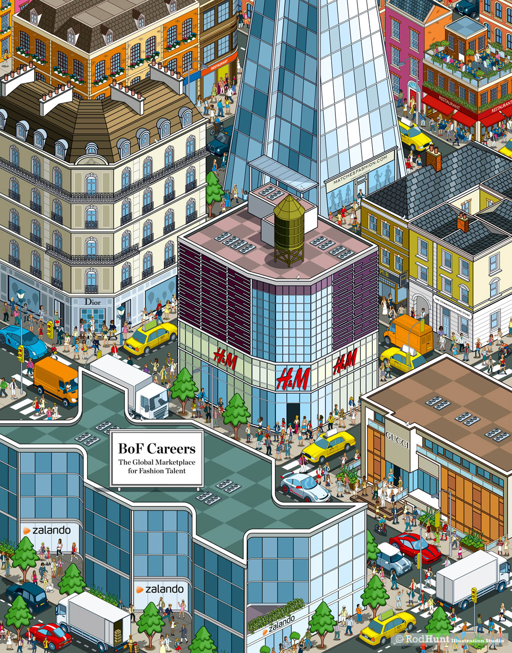 Pixel art cityscape of fashion and retail brands with isometric city illustration by Rod Hunt