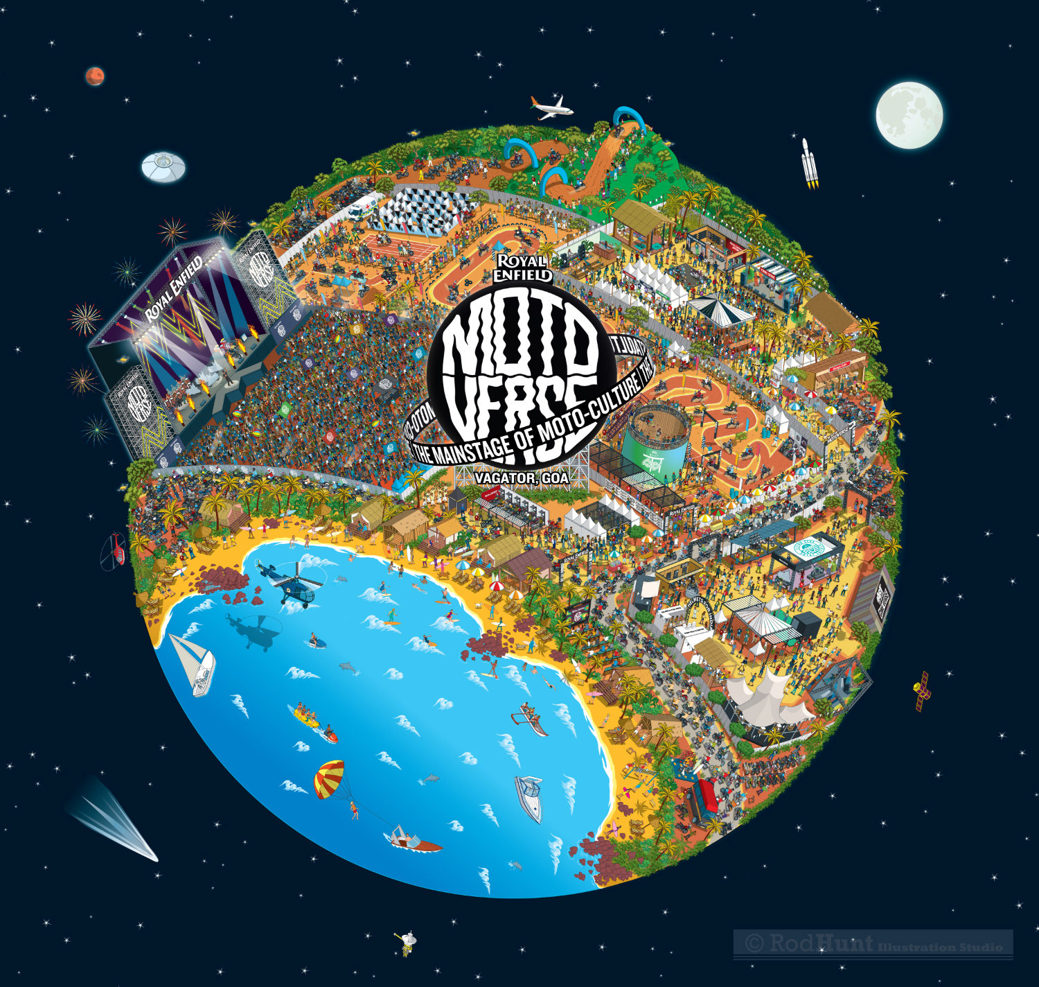 Illustrated map style Key Visual Promotional design and detailed aerial view illustration for Royal Enfield Motoverse Festival of music and motocycle culture in Vagator, Goa India used as Key Visual, Identity, Brand Identity and Visual Identity for the event