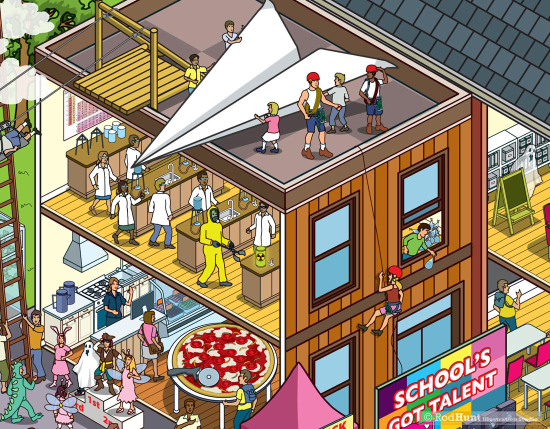 Detailed illustration of a school building and campus