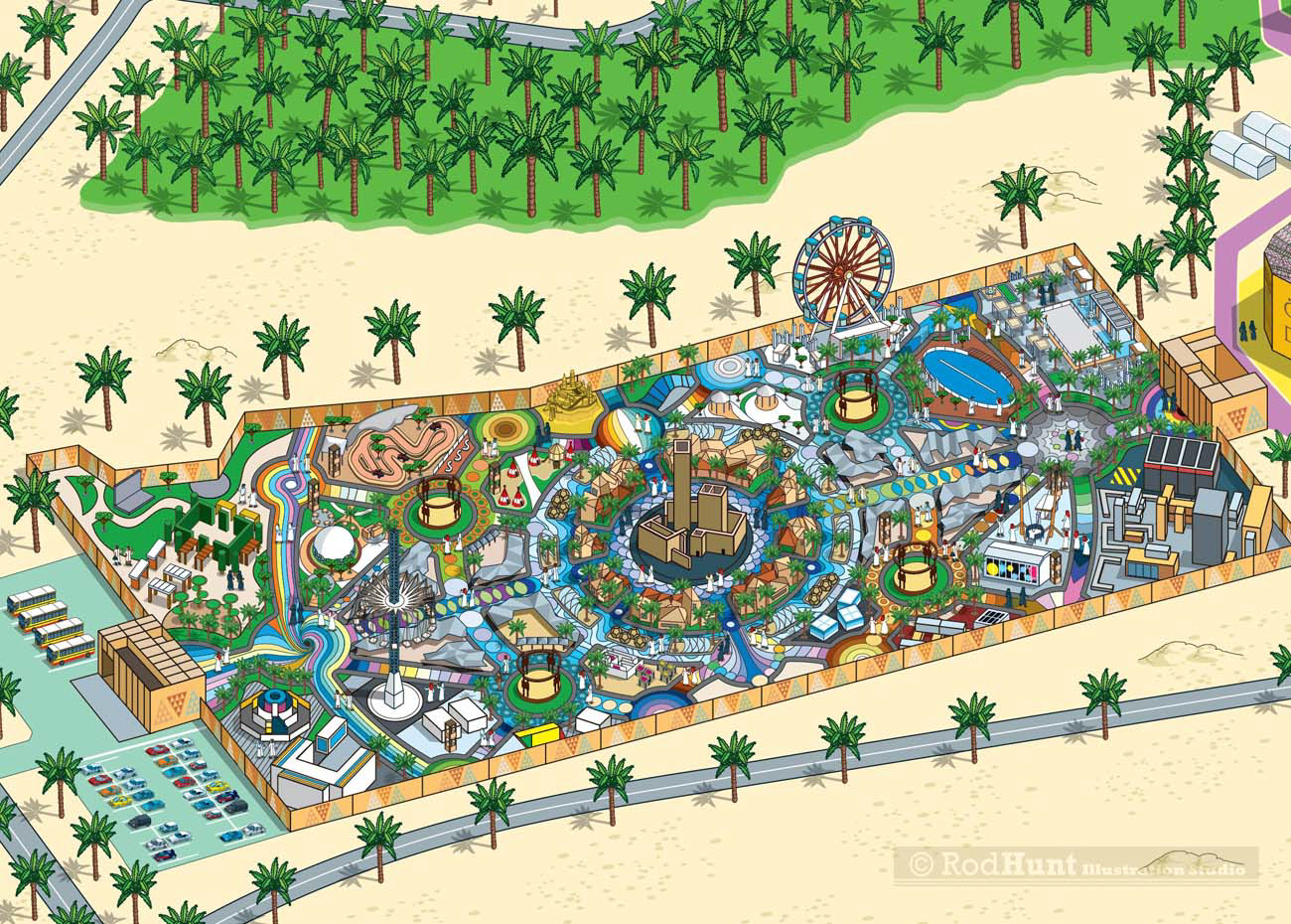 Theme Park Fan Zone Attraction Festival Map at the Ad Diriyah E-Prix sporting event map designed by Rod Hunt