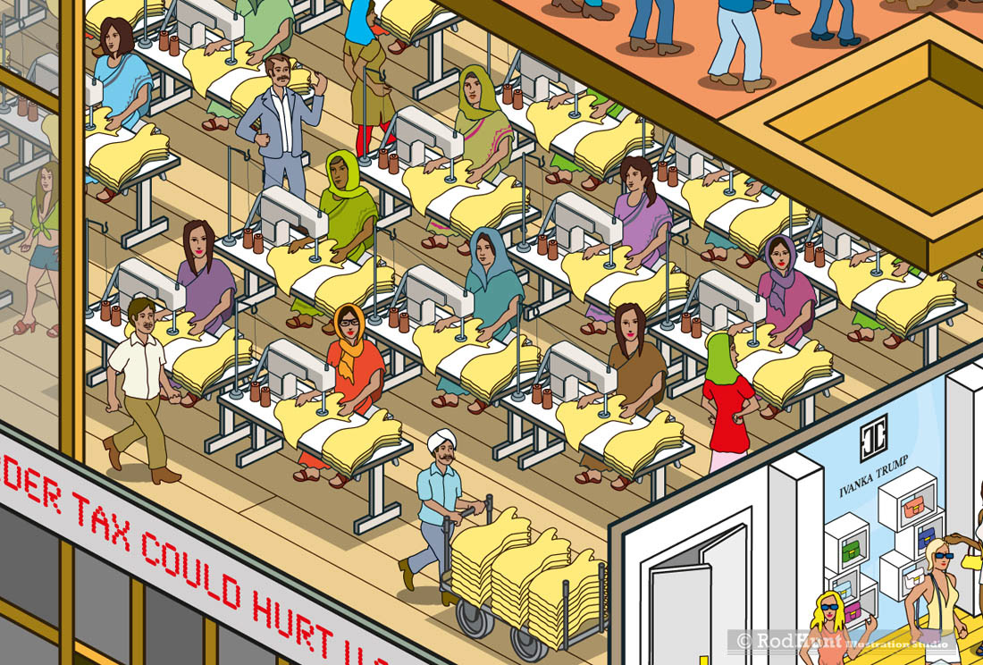 A sweatshop illustrated for an editorial article in a fashion magazine
