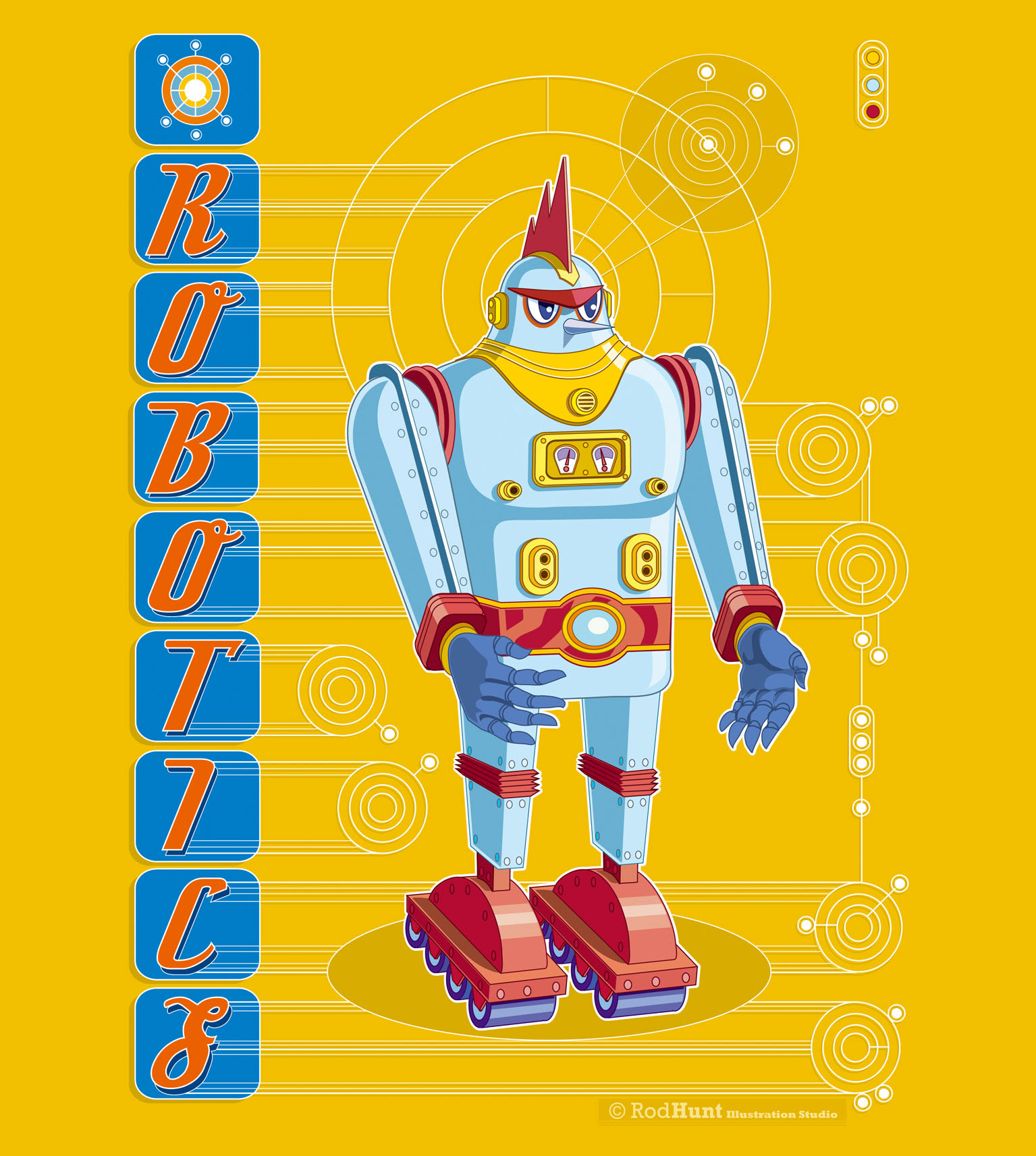 Technology Robotics Poster Illustration - Graphic retro robot illustration with typographic lettering 