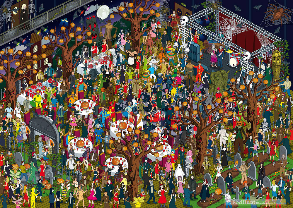 Goosebumps Movie Where's The Creature? halloween illustrations for Where's Waldo style search and find puzzle Game Illustrated for Sony Pictures