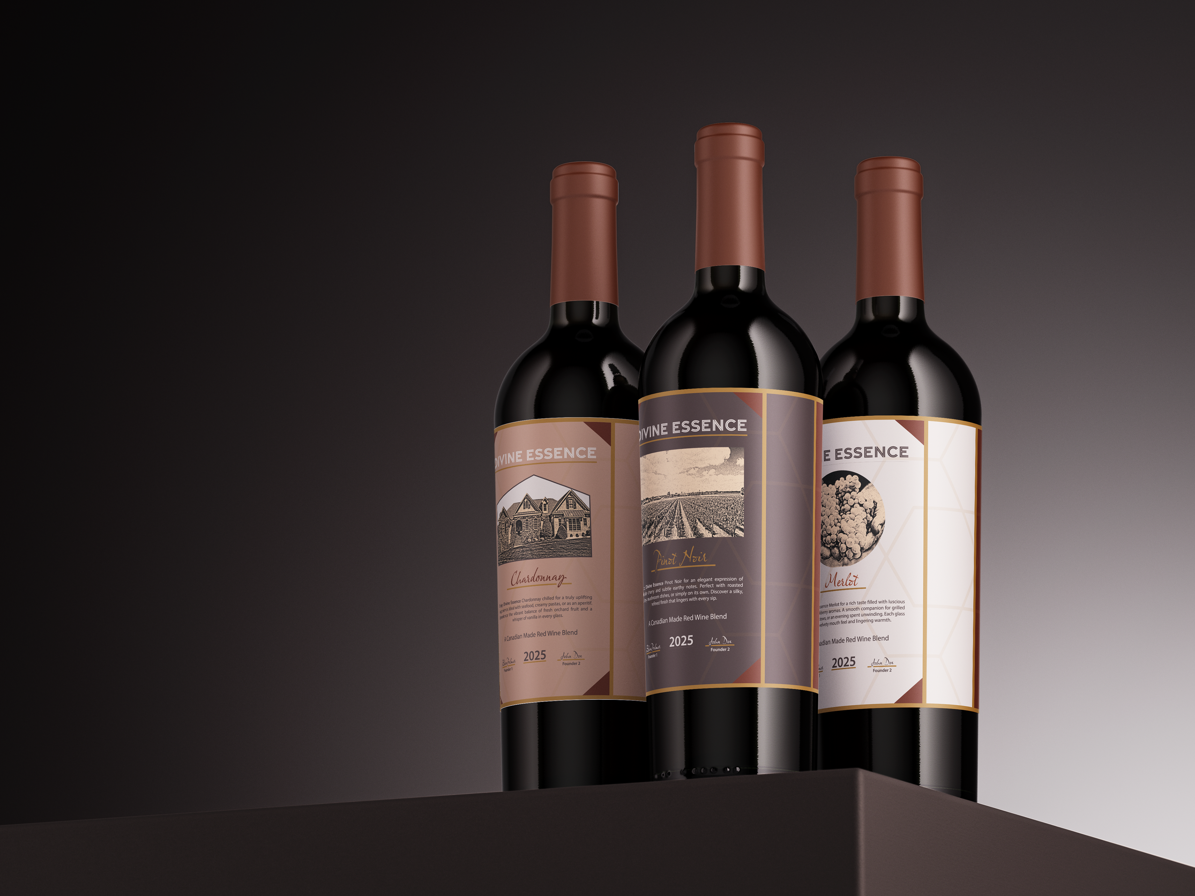 Mockup featuring the three Divine Essence wine types