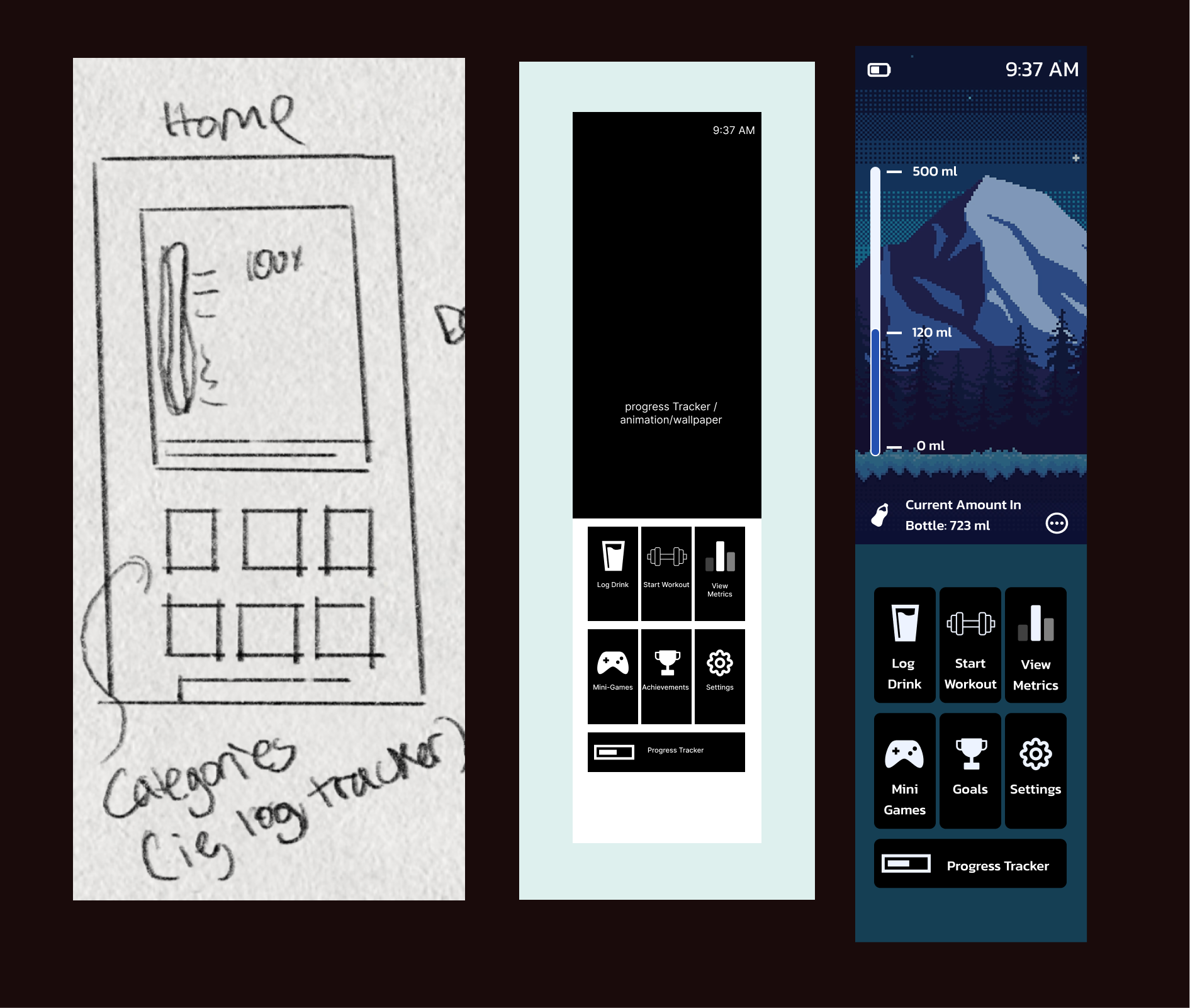 Included in the hi-fi version of the home screen was a notification bar positioned just above the menu items. This was added to simplify the experience for users, allowing them to quickly see key information about their water intake when needed.