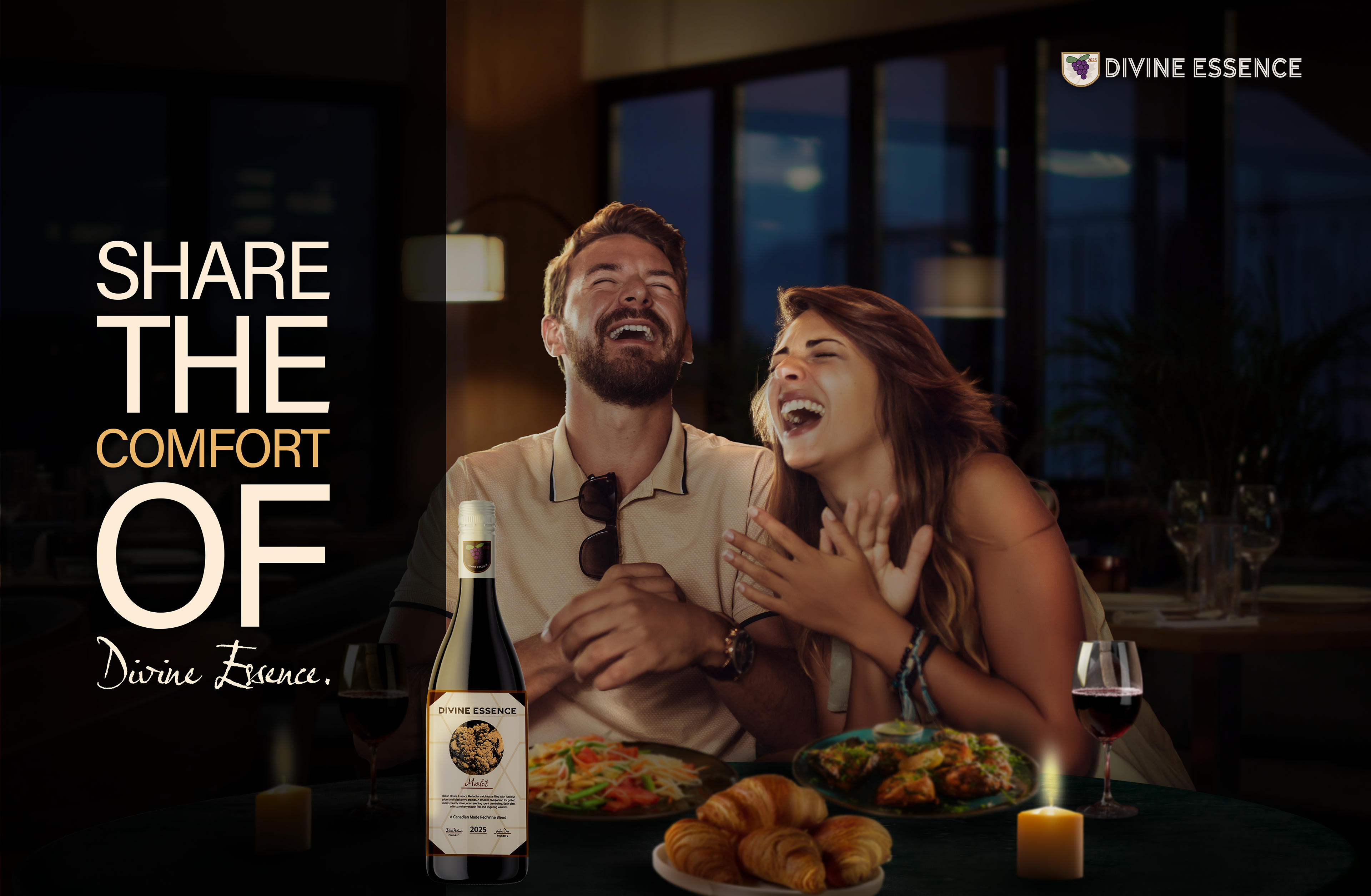 Divine Essence Product Promotion. Ad featuring a couple having dinner in a restaurant