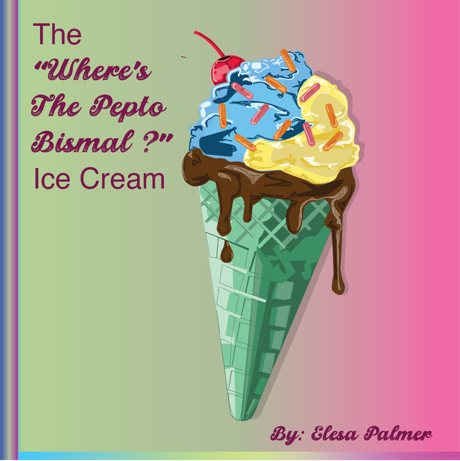 illustration of ice cream with blue and yellow flavours with a cherry on top
