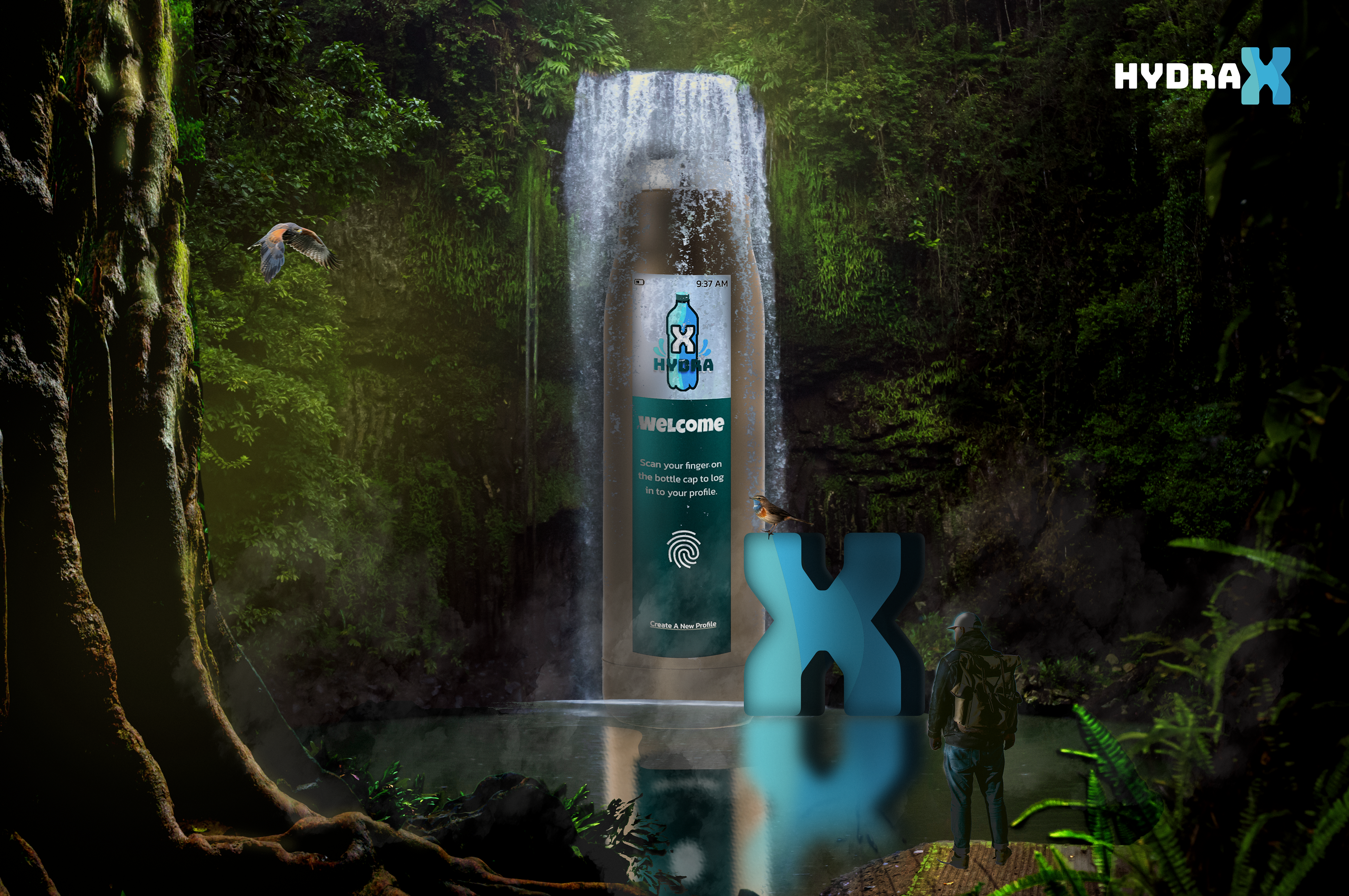 HydraX visual featuring the product in the middle of a jungle under a waterfall with a a person looking at it from a distance