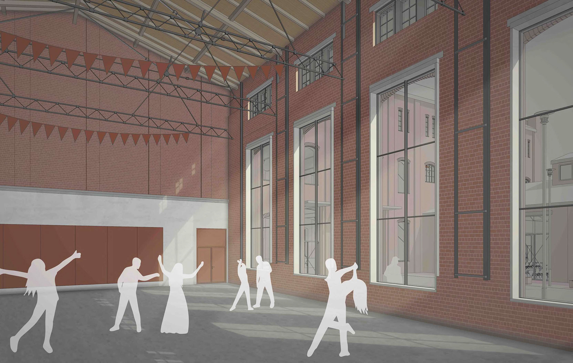 Innenraumvisualisierung des Hauptsaals - Projekt Zanders. Historische Backsteinhalle mit sichtbarem Fachwerkträger, Bogenfenstern und Veranstaltungsnutzung