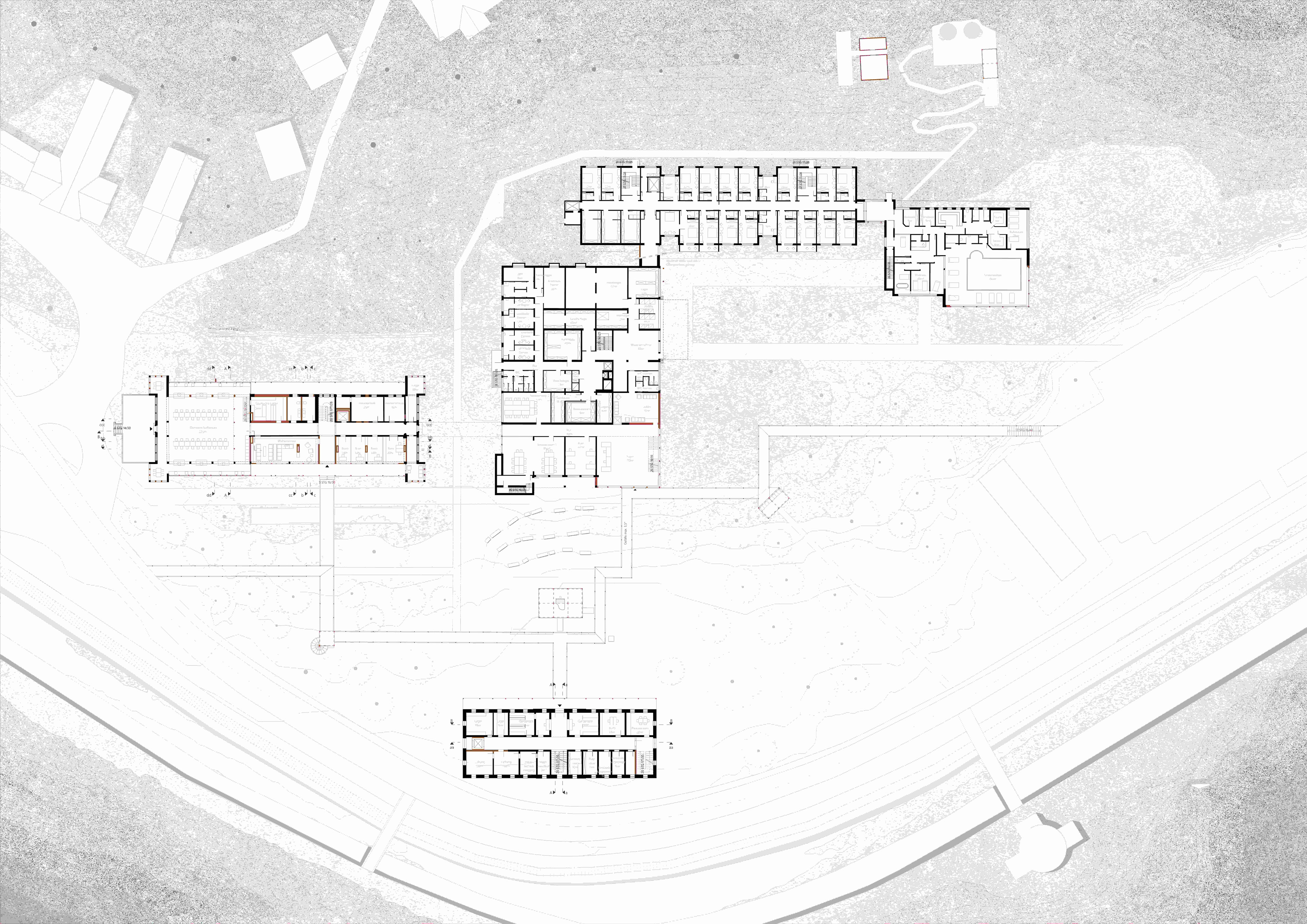 Grundriss Alexisbad – Erdgeschoss des Gesamtensembles im Maßstab 1:500 mit Badehaus, Logishaus, Erschließung und Parkanlage