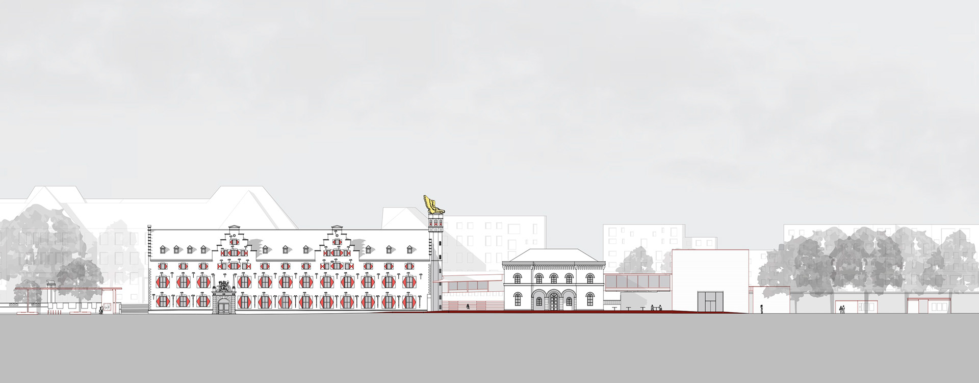 Ansicht Nord M 1:200 - Projekt Zeughaus. Historische Fassade mit neuer Struktur dahinter