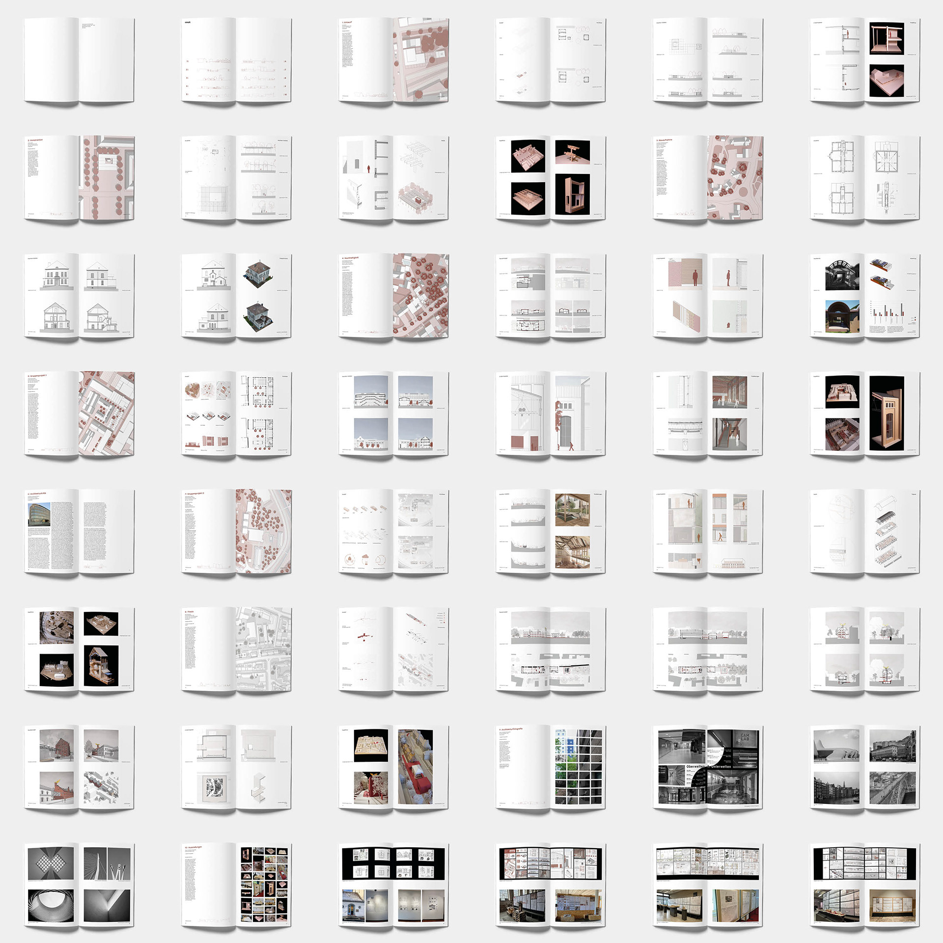 Gesamtübersicht aller Doppelseiten des Portfolios — Grundrisse, Schnitte, Modellfotos und Entwurfspläne aus dem Bachelorstudium