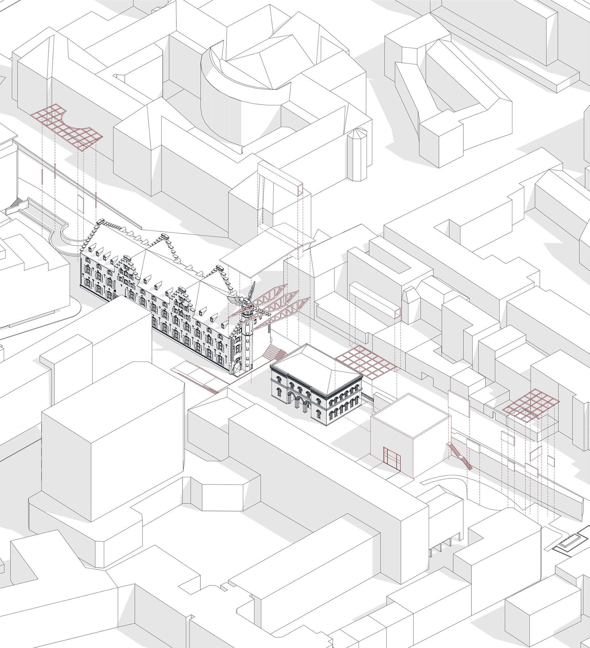 Explosionsisometrie M 1:500 — Projekt Zeughaus, Köln. Bachelorarbeit 2025, TH Köln