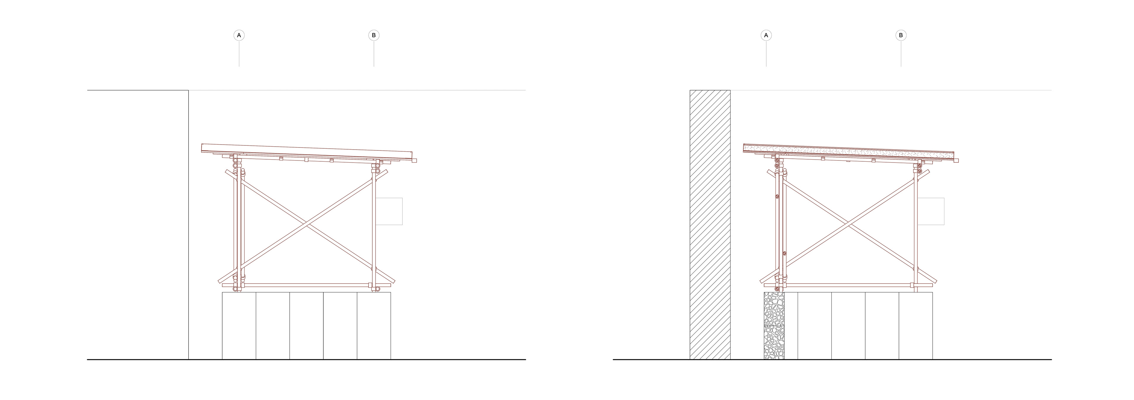 Querschnitte A–B Pavillon Ehrenfeld – Stahlrohrgerüst mit X-Verband, Pultdach und Gabionensockel, links ohne Kontext, rechts mit angrenzendem Bestandsgebäude