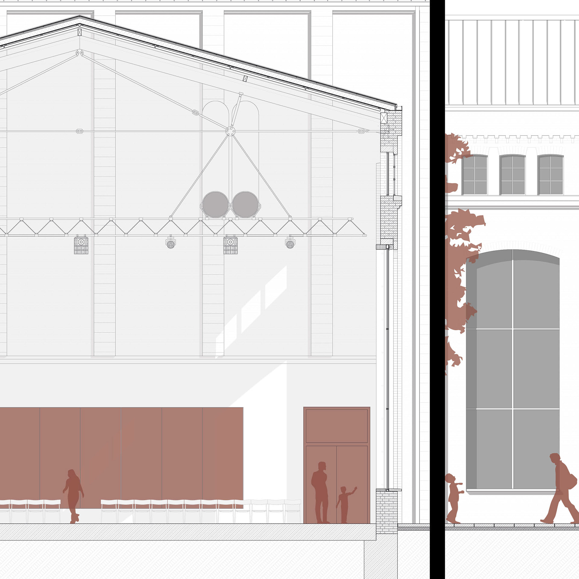 Konstruktionsschnitt und Ansicht M 1:20 - Projekt Zanders. Abgehangener Fachwerkträger mit Lüftungsanlage im Hauptsaal. Im Schnitt erkennt man die großen neuen Stahlfenster und die Kastenfenstern hintern den kleineren historischen Kippfenstern. 