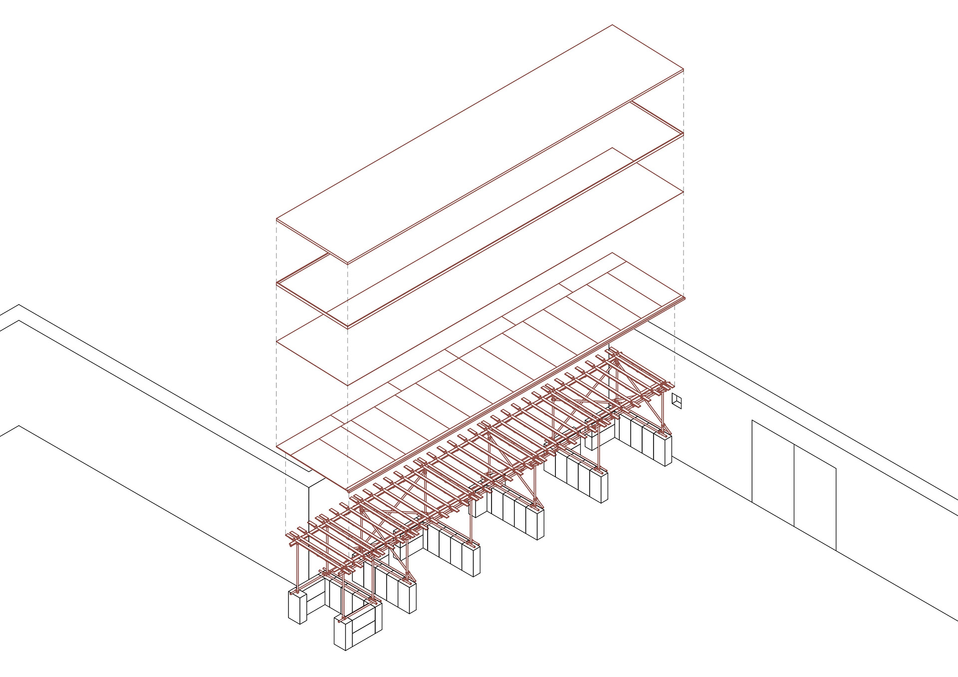 Explosionsisometrie Pavillon Ehrenfeld – Dachaufbau in Schichten: Gründach,, Längs- und Querträger auf Stahlrohrgerüst mit Gabionensockel
