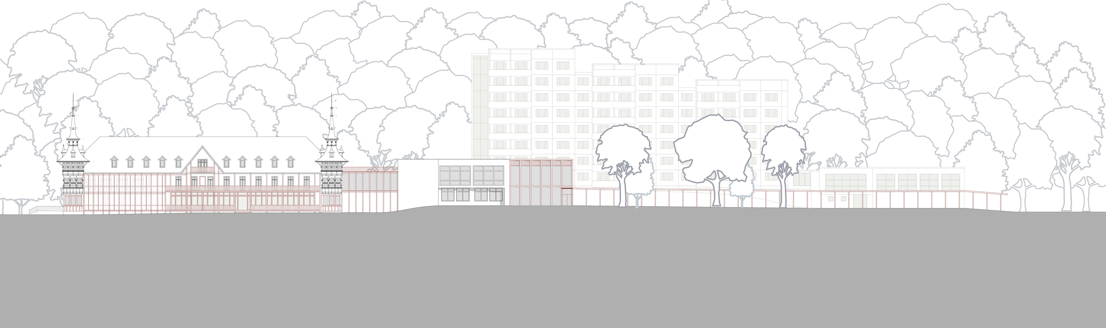 Ansicht Alexisbad West – Westfassade des Ensembles im Maßstab 1:500 mit Badehaus links und Logishaus rechts im Geländeprofil