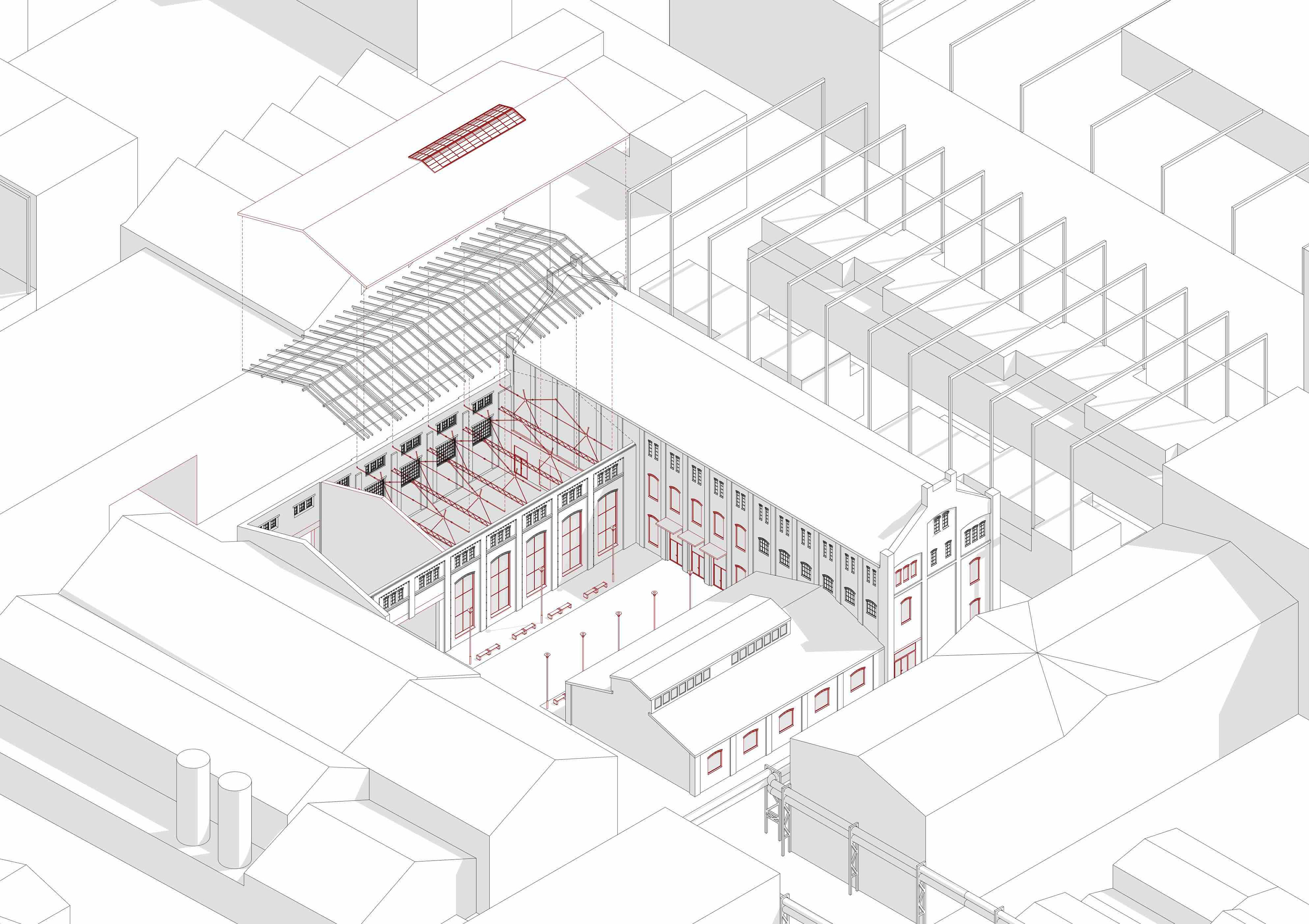 Explosionsisometrie M 1:200 - Projekt Zanders. Historische Backsteinhalle mit neuem Dachtragwerk und Fachwerkträger als sichtbare Ergänzungsschicht in Rot hervorgehoben