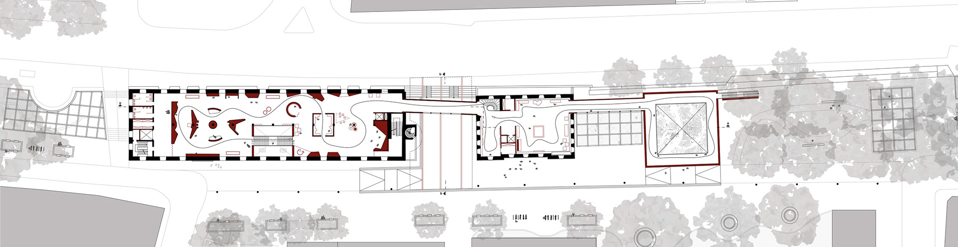 Grundriss 1. Obergeschoss M 1:200 - Projekt Zeughaus. Verknüpfung der drei Gebäude vom Zeughaus über die Alte Wache bis zum Neubau