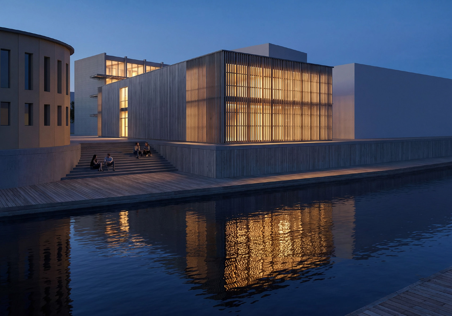 Visualisierung Außenraum - Projekt Hagen. Beleuchtete Lattenfassade des Gemeinschaftshauses in der Dämmerung über der Volme, links die Synagoge, davor Treppe und Holzsteg mit Besuchern.