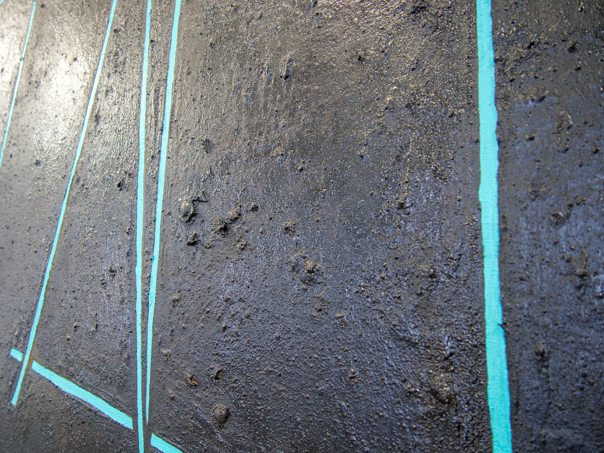 It’s beauty may paralyze youThere in the deep,All spine and line and hunger, 79” x 90”, Tiffany blue and tar on linen