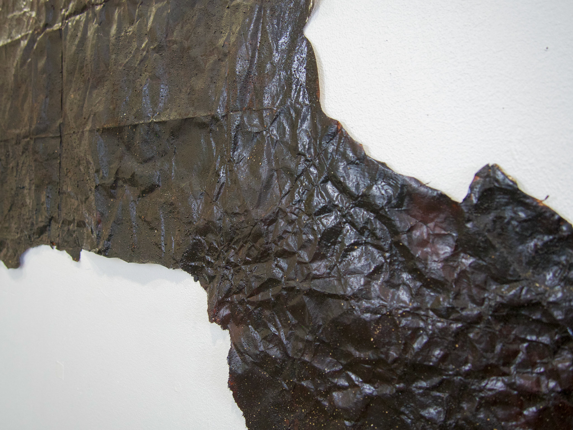 Below the horizon of sleep,Runs aground at Daylight.Tar, Brooklyn earth on pshycward trash bag  2020-21  49” X 42” hung at 54”