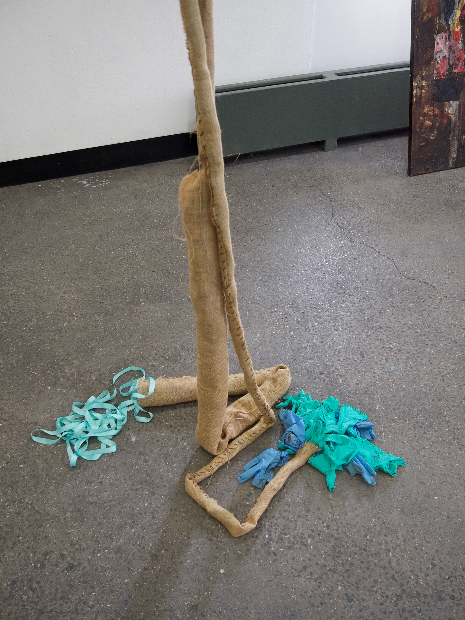 Flax Burlap, 2021 - spring 2022s’ used rubber gloves and Tiffany ble ribon.  27’  long a life size digestive tract.