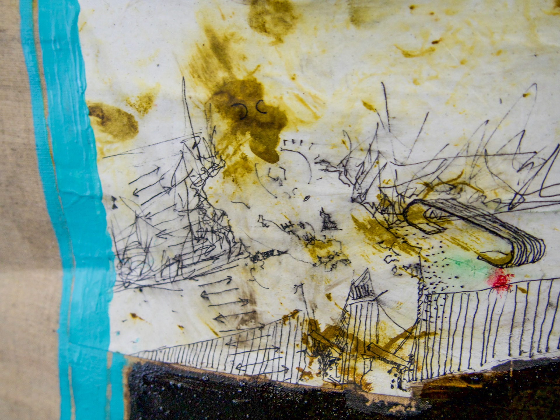 To be removed  As convenient.  No one talked about the alternatives.Ink, collage, tar and Tiffany blue on linen 2022  19 1/2” x 20”