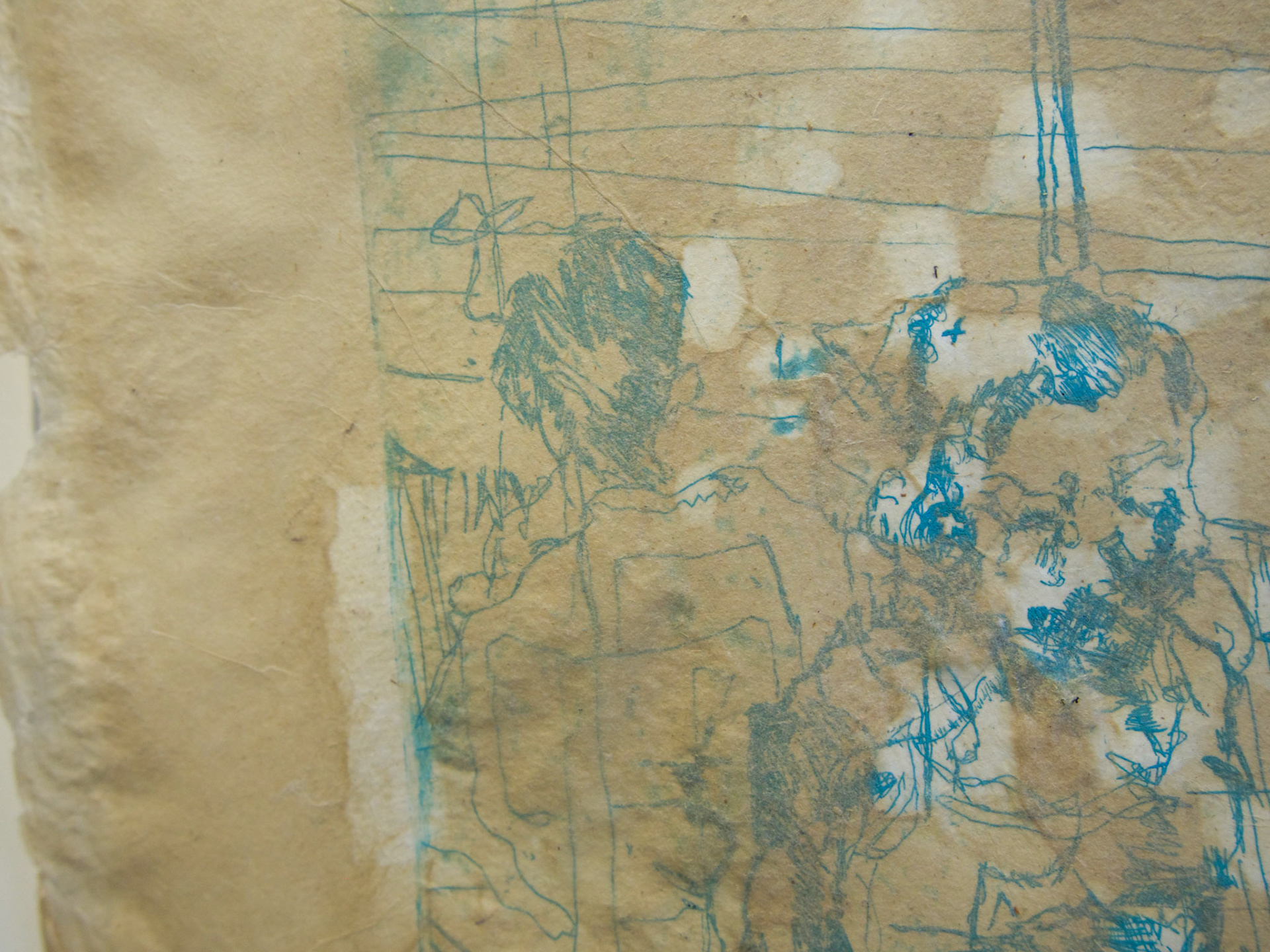 Muscle and gut,Your metalwork ribboned and bunched like a clumped nerve, 5” x 6”, Intaglio and flax chine-collé